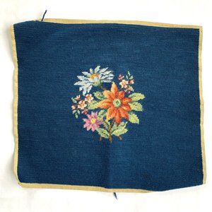 Vintage Blue Needlepoint Square with Floral Center